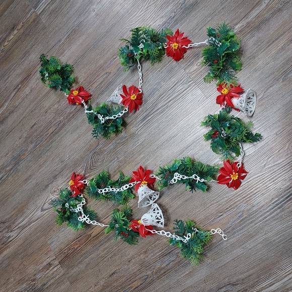 Vintage Plastic Christmas Garland with Bells, Holly, Poinsettia & Pine - Picture 1 of 3